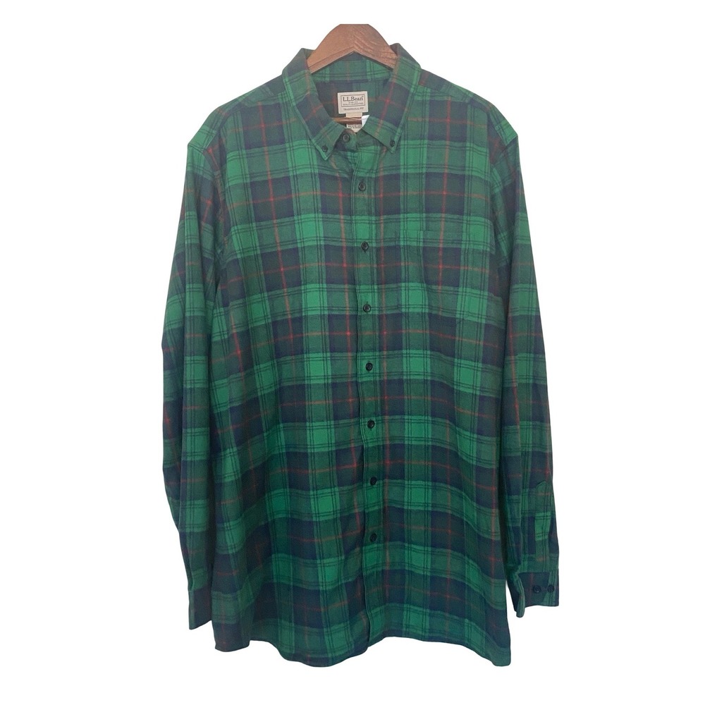 LL Bean Traditional Fit Mens Flannel Shirt XL Tall Green Plaid Button Down